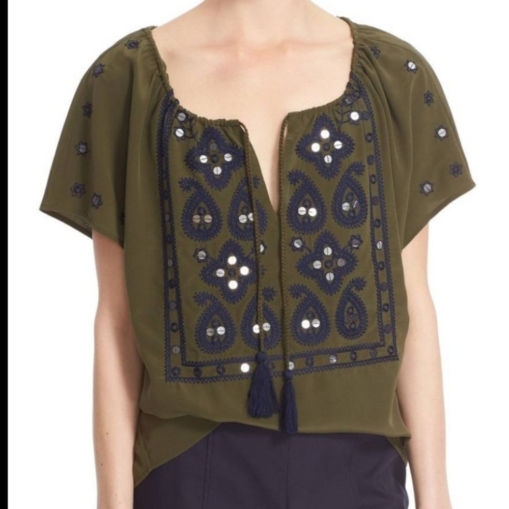 💚 TORY BURCH Silk Top with Sequins and Embroidery Size 2